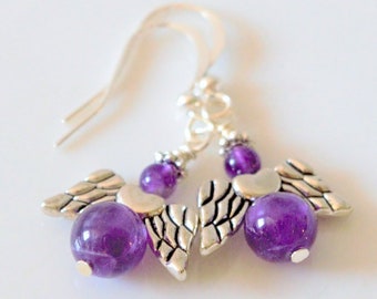 Angel Wings with Heart Earrings Amethyst Semi Precious Stone, Stress Relief, Inner Seeing, Spiritual Awareness