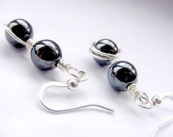 SALE! Hematite Wire Wrap Dangle Earrings, Grounding Protection Stone for the Mind, Chakra Balancing,