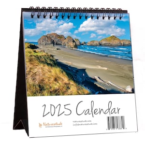 2025 Oregon Coast Standing Desk Top Calendar, color images, 12 months. Calendar stands 6.5 inches high by 6 inches wide