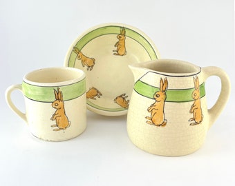 Early 1900's Roseville Pottery Creamware Juvenile Baby Set in Standing Rabbit Motif