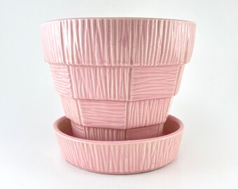 Large 1950's "Pink" McCoy Basketweave Planter/Flower Pot with Attached Saucer