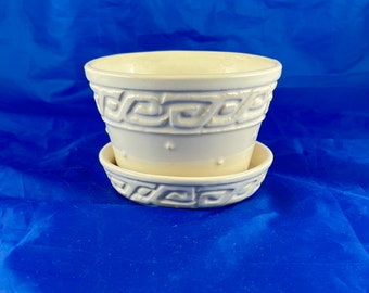 FREE SHIPPING! 1950's McCoy White Greek Key/Hobnail Planter with Attached Saucer #14