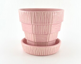 FREE SHIPPING! 1950's Pink McCoy Basketweave Planter/Flower Pot with Attached Saucer_2