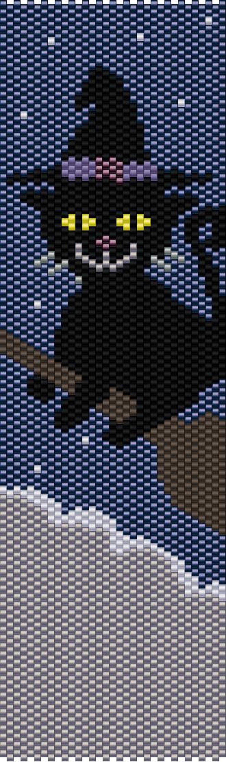 PDF instant download Black Kitten on a Broomstick Halloween Peyote Stitch Odd Count Beading Pattern for Bracelet or Bookmark