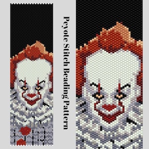 May include: A beaded pattern featuring a clown face with red hair, a white face, and a red smile. The pattern is made using the peyote stitch technique. The text "Peyote Stitch Beading Pattern" is displayed vertically on the side.