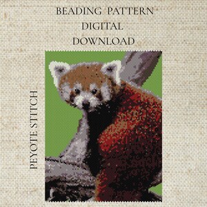 May include: Digital beading pattern depicting a red panda. The image shows a pixelated illustration of a red panda against a green backdrop. The text on the image reads "Beading Pattern Digital Download" and "Peyote Stitch".