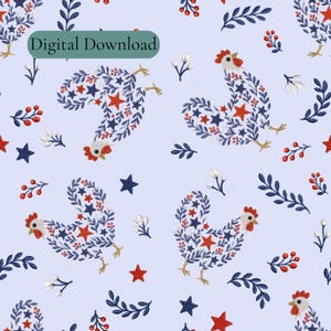 May include: A repeating pattern on a light blue background featuring stylized chickens composed of dark blue leaves, red berries, and red and blue stars. The design includes small sprigs of white berries and red berries, with a Digital Download label.