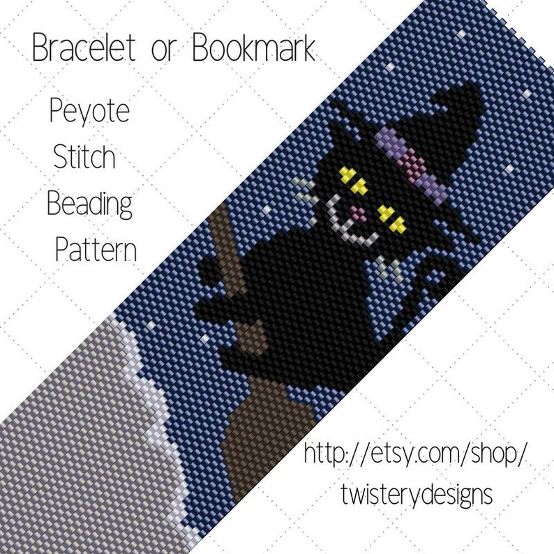 PDF instant download Black Kitten on a Broomstick Halloween Peyote Stitch Odd Count Beading Pattern for Bracelet or Bookmark