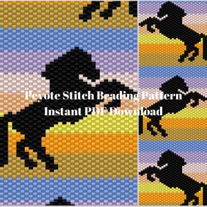 Horse Silhouettes on Sunset Colors Peyote Beading Pattern - 1 drop odd count - PDF download - bracelet or bookmark