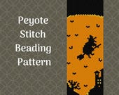 Witch and Bats Halloween Peyote Stitch Beading Pattern - even count flat - PDF download - bracelet or bookmark