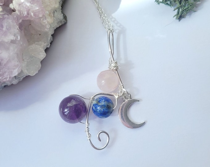 Crescent Moon Crystal Necklace - Lapis Lazuli Rose Quartz Amethyst