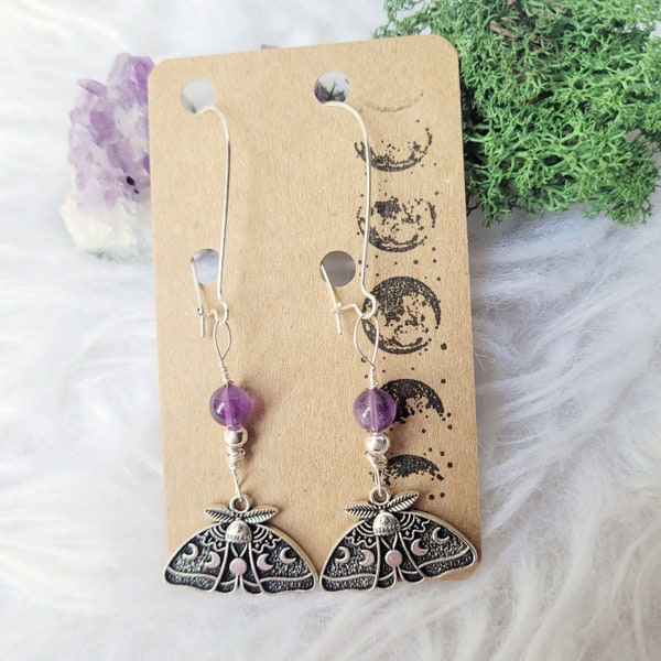 Amethyst Moth Moon Dangle Earrings - Protection and Calm