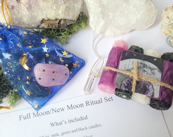 Full Moon New Moon Ritual Kit - Spell Candles - Crystals - Silver Plated Quartz Necklace