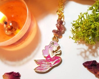 Gold plated Mermaid necklace with Strawberry Quartz - Soothing crystals