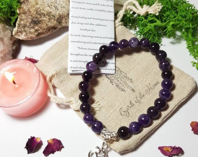 Genuine Amethyst crystal and OM charm bracelet - Protection - Calm