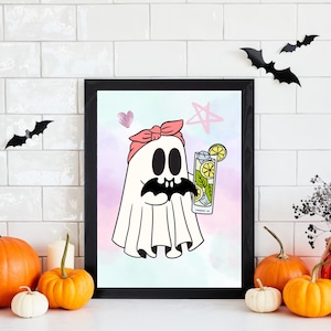 Summerween Bat and Ghost Printable Wall Art - Halloween Pastel Ghost With Lemon Cocktail - Digital Downloadable PDF Art