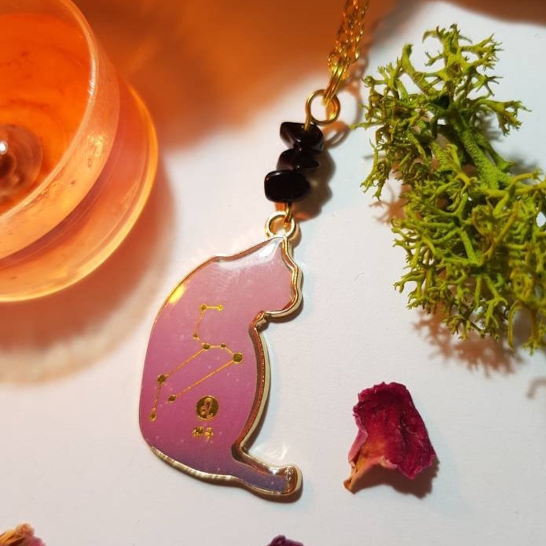 Birthstone Leo gold plated cat necklace Onyx