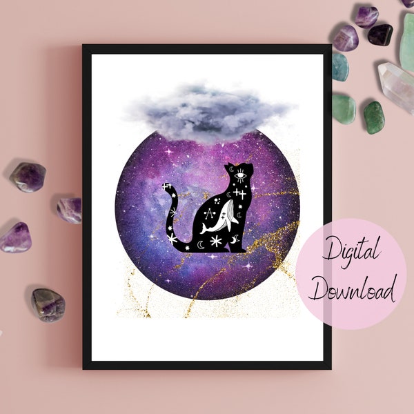 Mystic Black Cat Kitty Wall Art - Digital Downloadable Spiritual Art