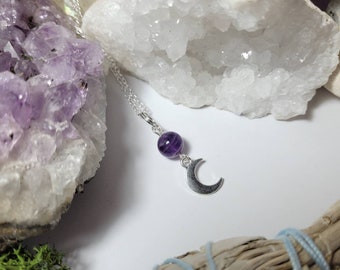 Silver plated Amethyst crescent moon necklace - Protection