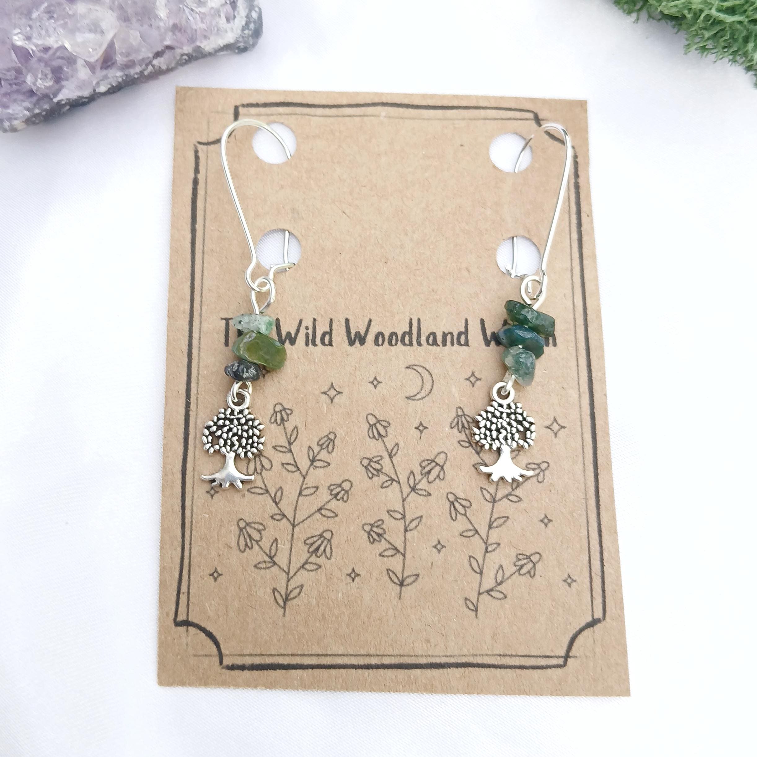 Tree of Life Moss Agate Silver Dangle Earrings - Health - Wealth