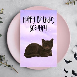 Black Cat Birthday Card – Printable Watercolour Cat Card – Happy Birthday Beautiful – Lilac Sky Digital Download Greeting