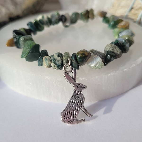 Ostara Moss Agate Hare Bracelet - Earth element - Ostara - Beltane - Pagan