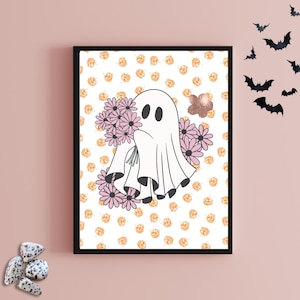 Summerween Printable Wall Art - Halloween Ghost With Pink Flowers - Digital Downloadable Spiritual Art