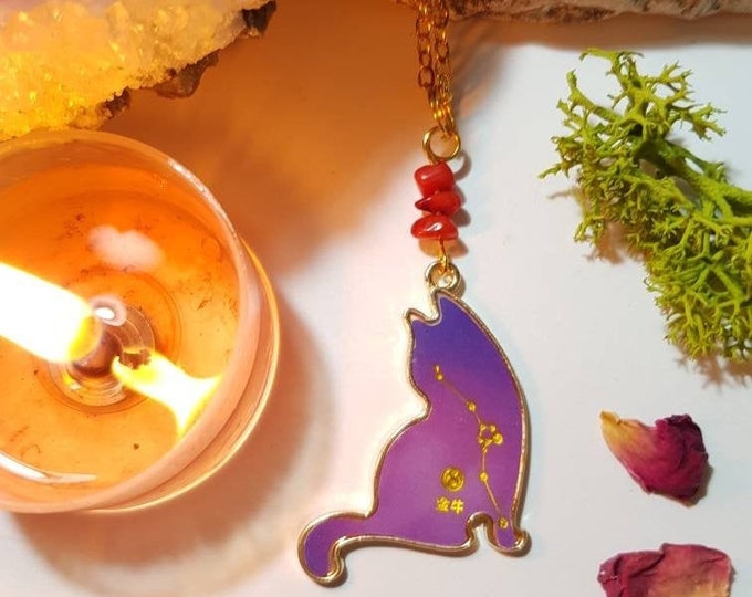 Taurus gold plated cat necklace - Red Coral - May Birthstone