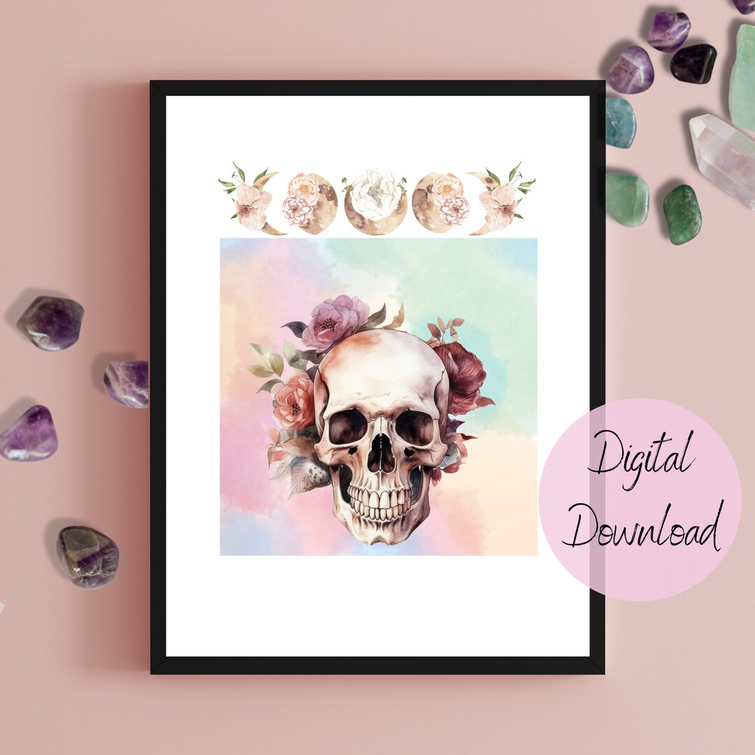 Moon Phase Roses Pastel Skull Roses and Moon Phase Wall Art Digital Downloadable ...