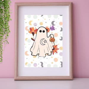 Summerween Printable Wall Art - Halloween Ghost With Flowers and Moon - Digital Downloadable Spiritual Art