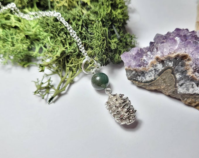 Grounding Silver Pine cone necklace with Moss Agate