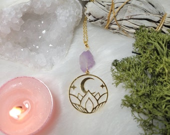 Gold Lotus Moon Amethyst necklace - Witchy Jewellery