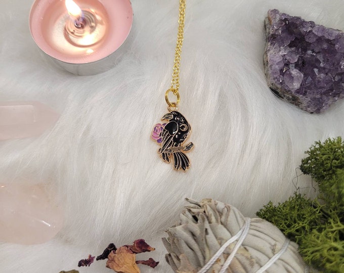 Gold Raven and Rose necklace - Witchy Jewellery