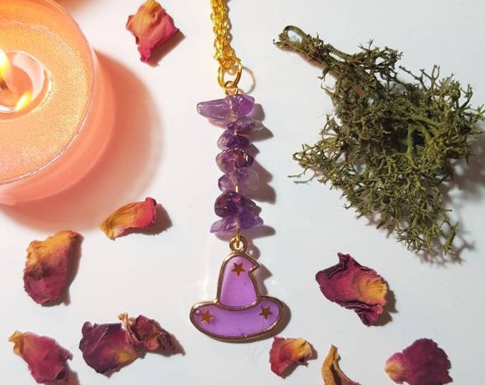 Gold plated Amethyst witch hat necklace - Halloween necklace - Protection