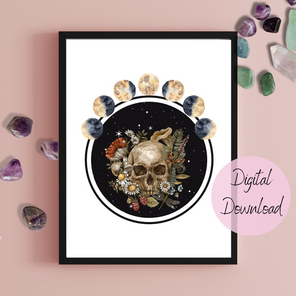 Skull Toadstool and Moon phase Wall Art - Digital Downloadable Spiritual Art