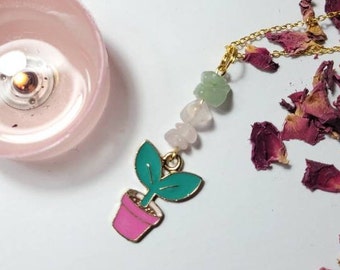 Plant necklace with lucky Green Aventurine and comforting Rose Quartz - Health and luck