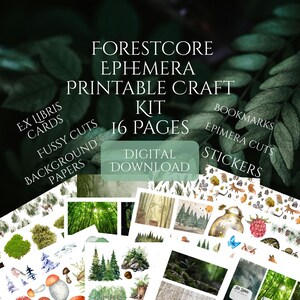 Könnte beinhalten: Ein digitaler Download eines Forestcore Ephemera Printable Craft Kits. Das Kit enthält 16 Seiten mit Hintergrundpapieren, filigranen Schnitten, Aufklebern, Lesezeichen und Ex-Libris-Karten. Die Bilder zeigen Waldszenen und Naturelemente.