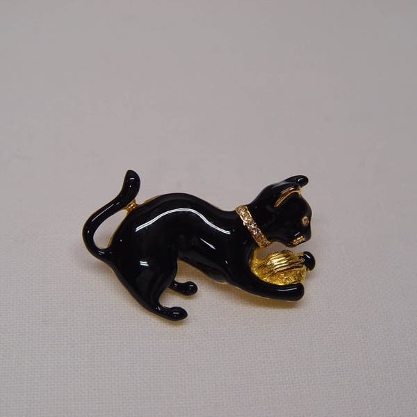 Black Enamel Cat Pin/Brooch, Playful Kitty