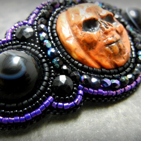 FREE Shipping-Bead Embroidered Barrette, Halloween Pumpkin Skull Jack-o-Lantern Hair Clip, Day of the Dead, Dia de los Muertos, OOAK