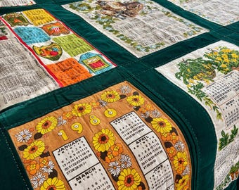 Green 70s Retro Cottagecore Dish Towel Calendar Quilt Blanket