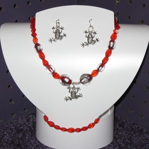 One of A Kind Handmade METAL FROG With ORANGE Beads Jewelry Set includes Necklace, Bracelet, and Pierced Earrings.