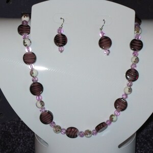 PURPLE Lampwork Beads with TEDDY BEAR Ceramic Beads in Handmade Necklace and Pierced Earrings. Handmade, Unique.