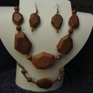 Unique Handmade GOLDSTONE GEMSTONE Jewelry Set: Necklace, Pierced Earrings, and Bracelet.