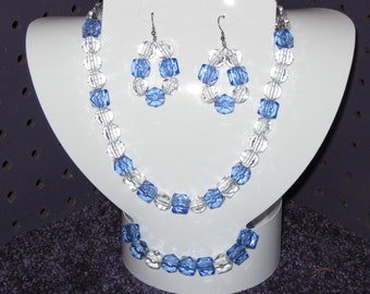 BLUE/CLEAR ACRYLIC Beads   Handcrafted One of a Kind Jewelry Set: Necklace, Earrings, Bracelet.