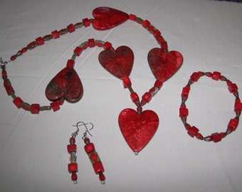 5-HEART NECKLACE for a Special Lady-with Red and Olive Green