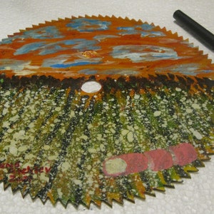 Acrylic Painting- ROUND MODULARS in oRANGE sKY on a SAWBLADE