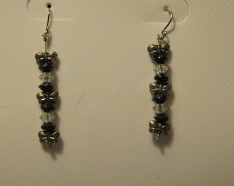 BUTTERFLIES and BLACK BEADS Dangle Pierced Earrings - Handmade, One of A Kind