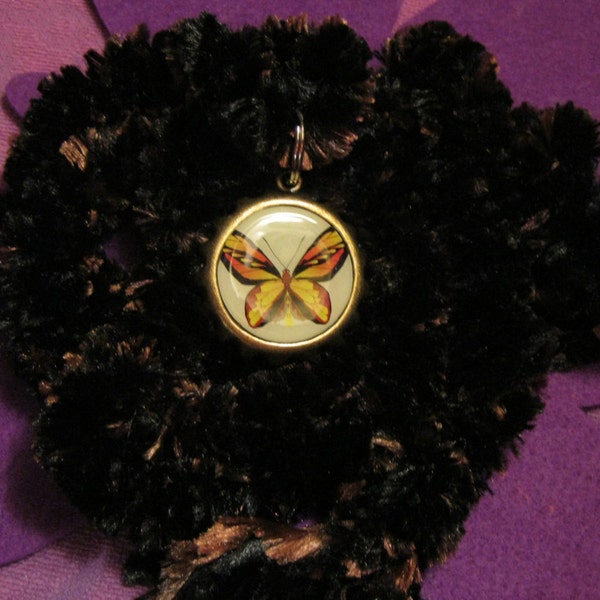 DESIGN PENDANT Scarf  Black and Brown with  2" Bottlecap BUTTERFLY Disc