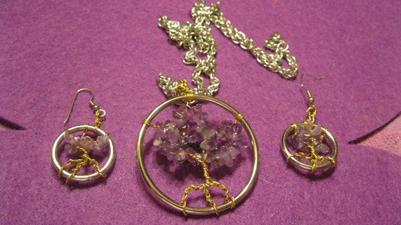 Round HEALING TREE Necklace and Earring Set AMETHYST