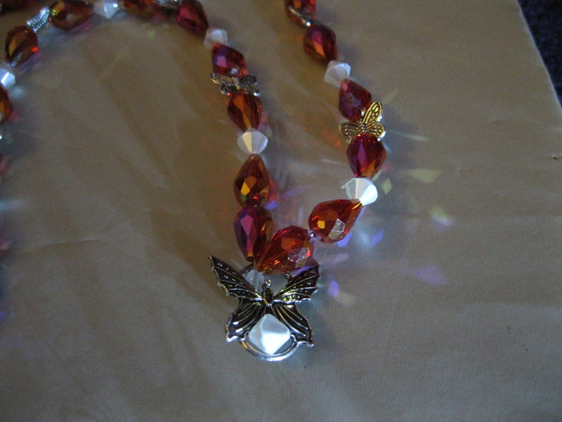 and Pierced Earrings RED and WHITE Beads with Metal BUTTERFLIES Jewelry Set includes Necklace one of a kind. Bracelet Handmade
